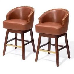 SALE! New 26.4"H Swivel Faux Leather Upholstered Solid Wood Counter Stools - Set of 2 Brown Cushion
