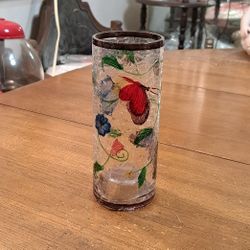 Lovely Crackle Glass Small Cylinder Vase W/Butterfly & Flower Design