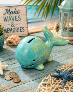 Turquoise Ceramic Whale “Be Happy” Coin Bank