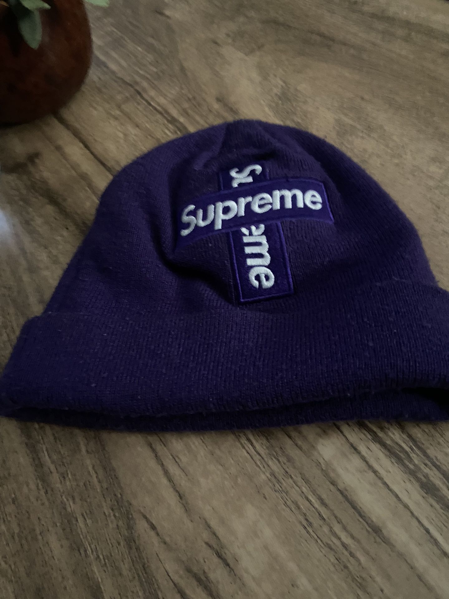 purple supreme new era cross beanie