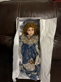 Porcelain Collector Doll in Blue Dress ) Heirloom Doll)