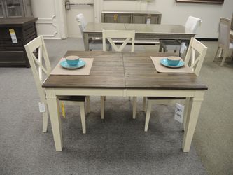 Two-Tone Farmhouse Dining Set - Antique White Base With Weathered Dark Brown Top | Table And Chairs