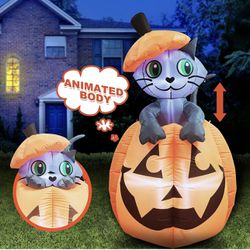 Joiedomi 5 ft Tall Halloween Inflatable Animated Kitty Cat In Pumpkin Inflatable Yard Decoration