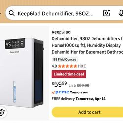 KeepGlad Dehumidifier, 98OZ Dehumidifiers For Home(1000sq.ft), Humidity Display Dehumidifier For Basement Bathroom Bedroom, Auto Shut Off, Washable Fi