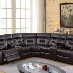 Brand New Brown Leather Reclining Sectional Sofa 