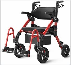 2 in 1 Walker Wheelchair Combo, No-Bend Footrest, Rollator with 10" All Terrain Big Wheels, Transport Wheelchair Foldable, Rollator with Seat & Brakes