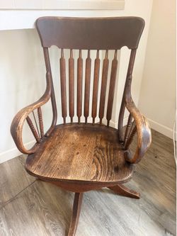 Antique Early 1900s Solid Oak Swivel Office Chair