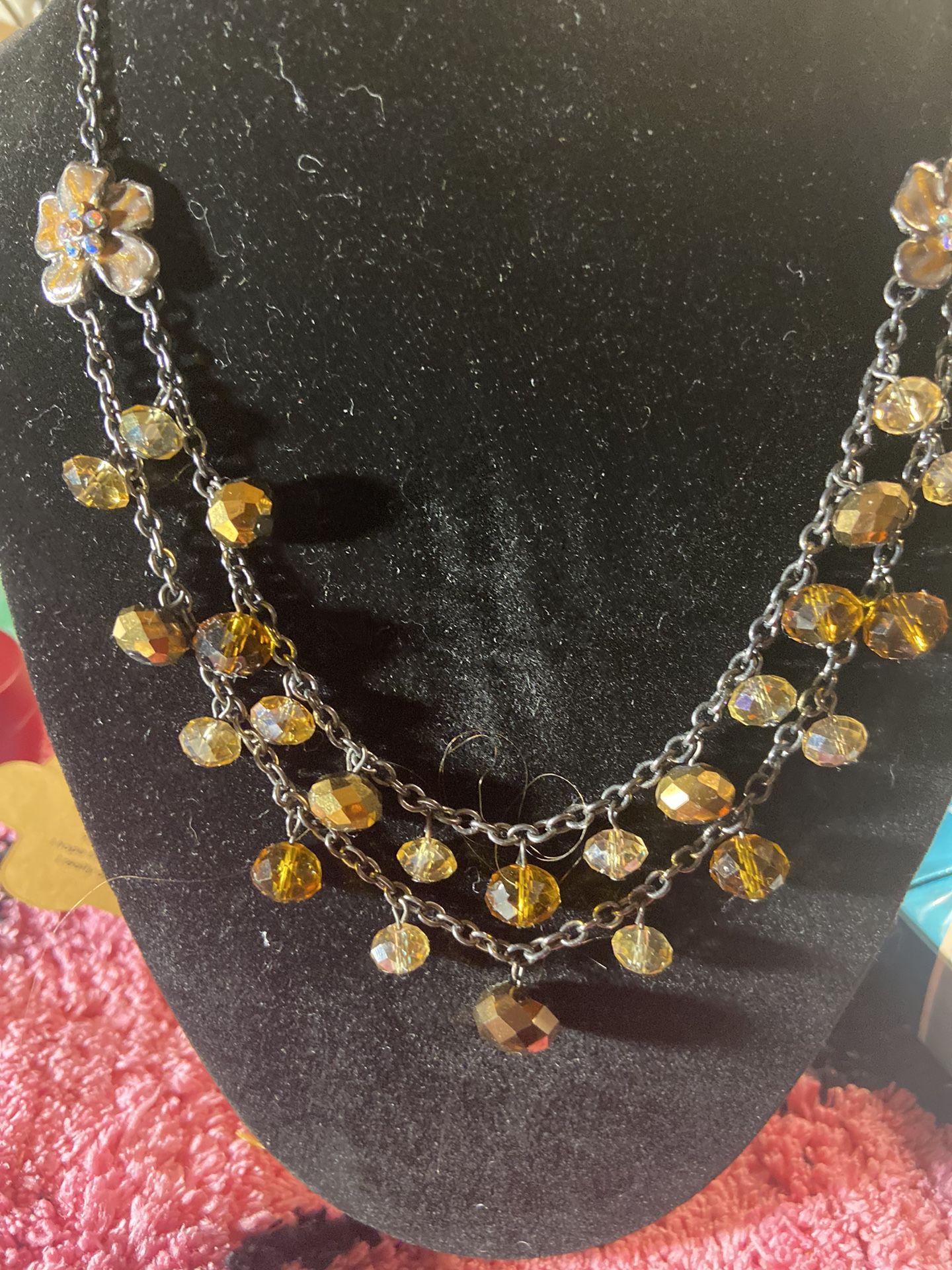 Pre Love Vintage 2 Strand Chain Necklace with Faceted Clear, Orange and Gold Colored Crystal Beads, 22 Inch Crystal Boho Chain Retro Necklace