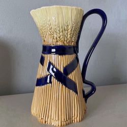 RARE 1990s Bordallo Pinheiro Blue Ribbon Banding Wheat Sheaf Pitcher