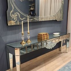Exquisite Venetian Glass Console and Etched Beveled Mirror Set