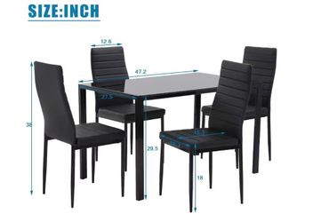 5-Piece Dining Table Set | Black | Glass Kitchen Table with 4 Upholstered Chairs and Faux Leather Cushions