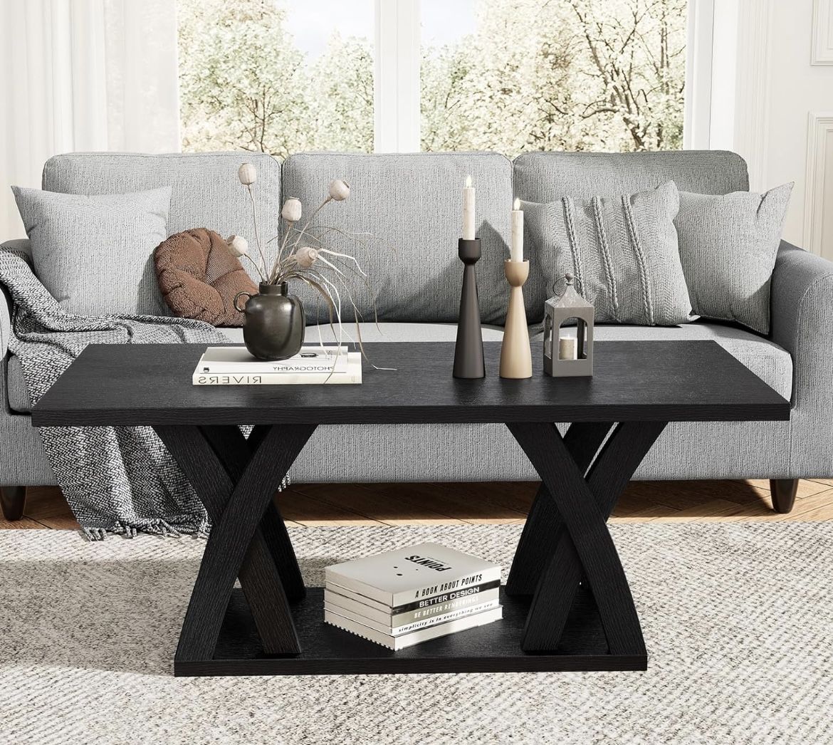 Farmhouse Coffee Table with Shelf, Wood Coffee Table, Black Coffee Table Living Room, Living Room Tables,47” Black