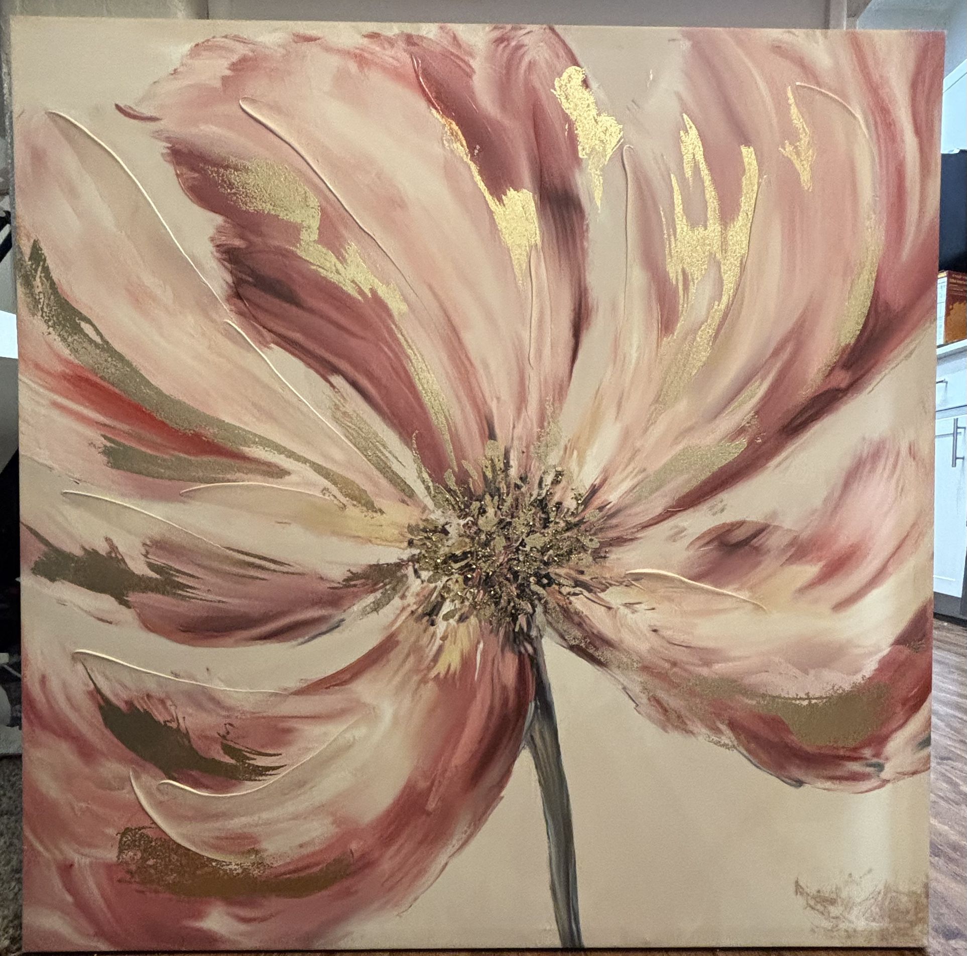 Oversized Textured Floral Canvas Art – Gold & Pink Accents – 36”x36”