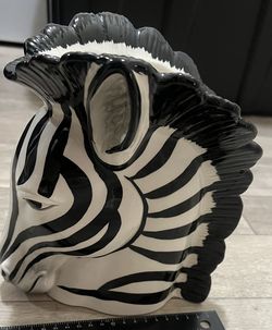 Zebra Head Vase 9" Black White Ceramic