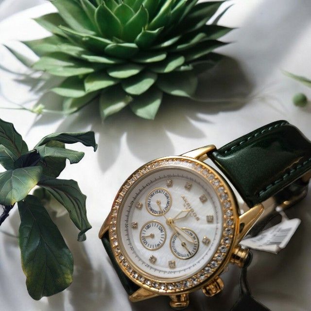 Akribos XXIV Ladies Sparkling Crystal Date Green Leather  display picture 3