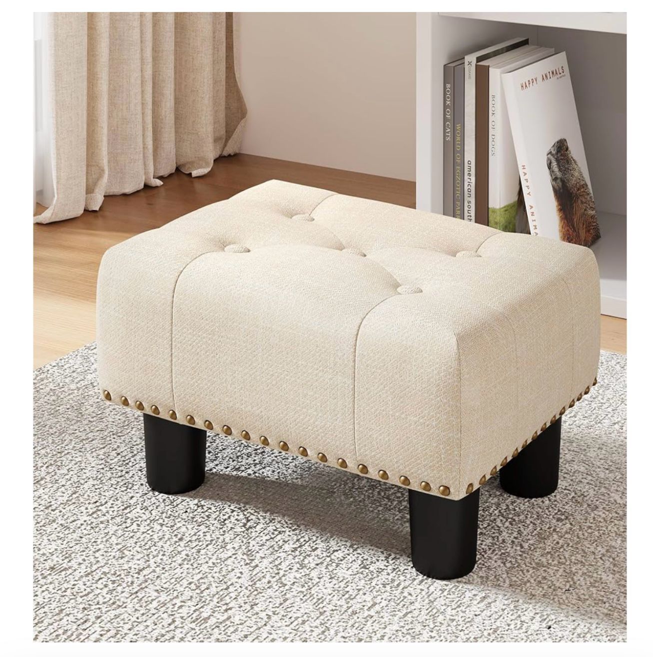 LUE BONA Small Tufted Foot Stool, Beige Linen Rivet Tufted Footrest with Plastic Legs, 9''H, Rectangle Foot Stools(K017)
