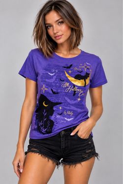 Purple Halloween Witch & Black Cat Graphic T-Shirt – Size L (12–14)