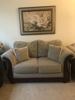 Upholstery Love Seat Sofa  With Decorative Cushion, Printed Side N Solid Greyish Green