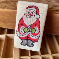 Vintage Christmas Petit Point Stitches Santa Embellished Gift Box 4.75”x 3”x2”