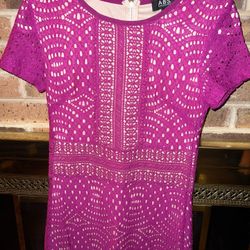 Ladies Womens sz 4 ABS bright pink over tan 2 layer adorable lace short sleeve mini dress