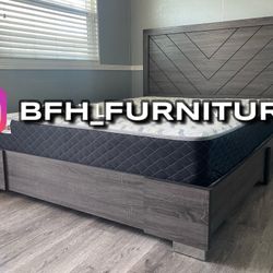 Queen Antique Gray Alpine Platform Bed w. Orthopedic Mattress Included