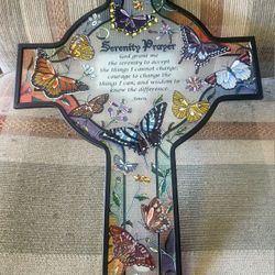 Amia Cross with Hummingbird and Columbine Floral Design, Hand Painted Glass Serenity Prayer Sun Catcher
