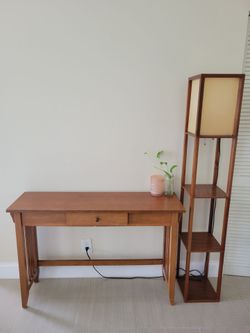 Matching Mid-Century Modern Wooden Desk & Shelf Floor Lamp Set – Great Condition