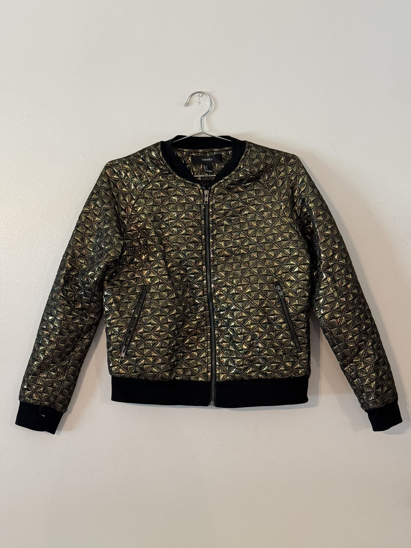 FOREVER 21 Metallic Gold Quilted Bomber Jacket Size Small