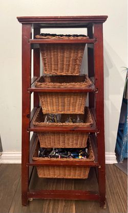 Red Wood Shelf Unit with Wicker Baskets