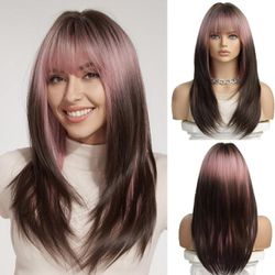 Human hair blend pink brown ombre layered wig