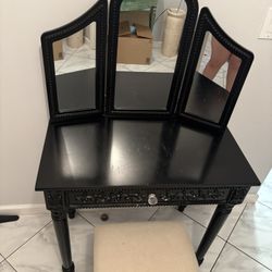 Black Vanity Table with Triple Mirror + Stool