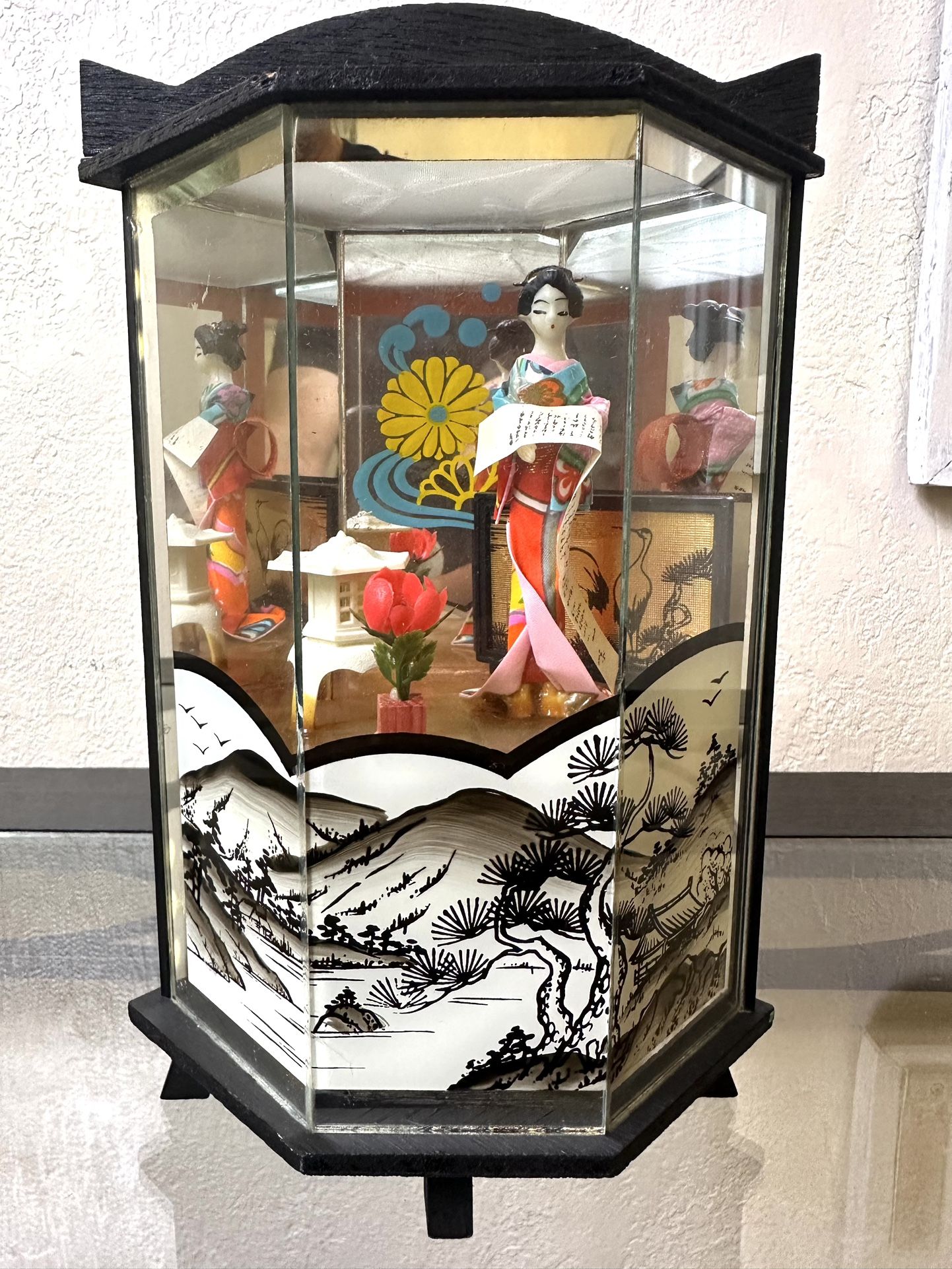 Vintage Miniature Japanese Geisha Doll in Wood Glass Display