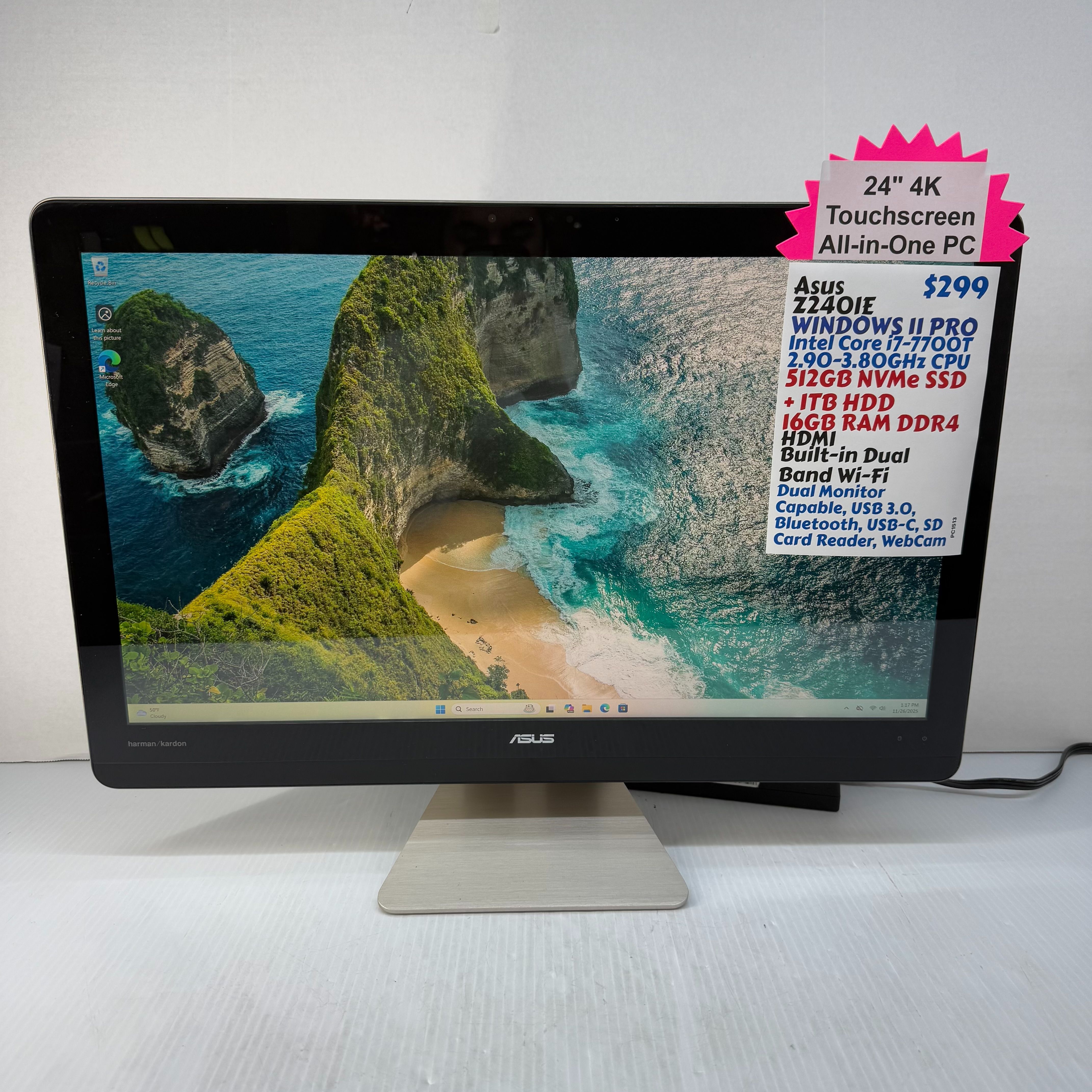 Asus Z240IE 24" 4K Touchscreen All-in-One  i7-7700T Windows 11 Pro PC 512GB NVMe SSD + 1TB HDD 16GB RAM