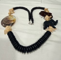 Hand Carved Wood Elephant & Buffalo Necklace, Polished Shell & Heishe Disc Beads, Tribal Boho Statement