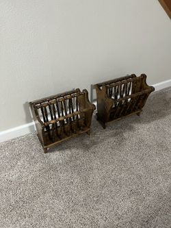 Two Identical Vintage Mid Century Wooden Matching Spindle Magazine Racks