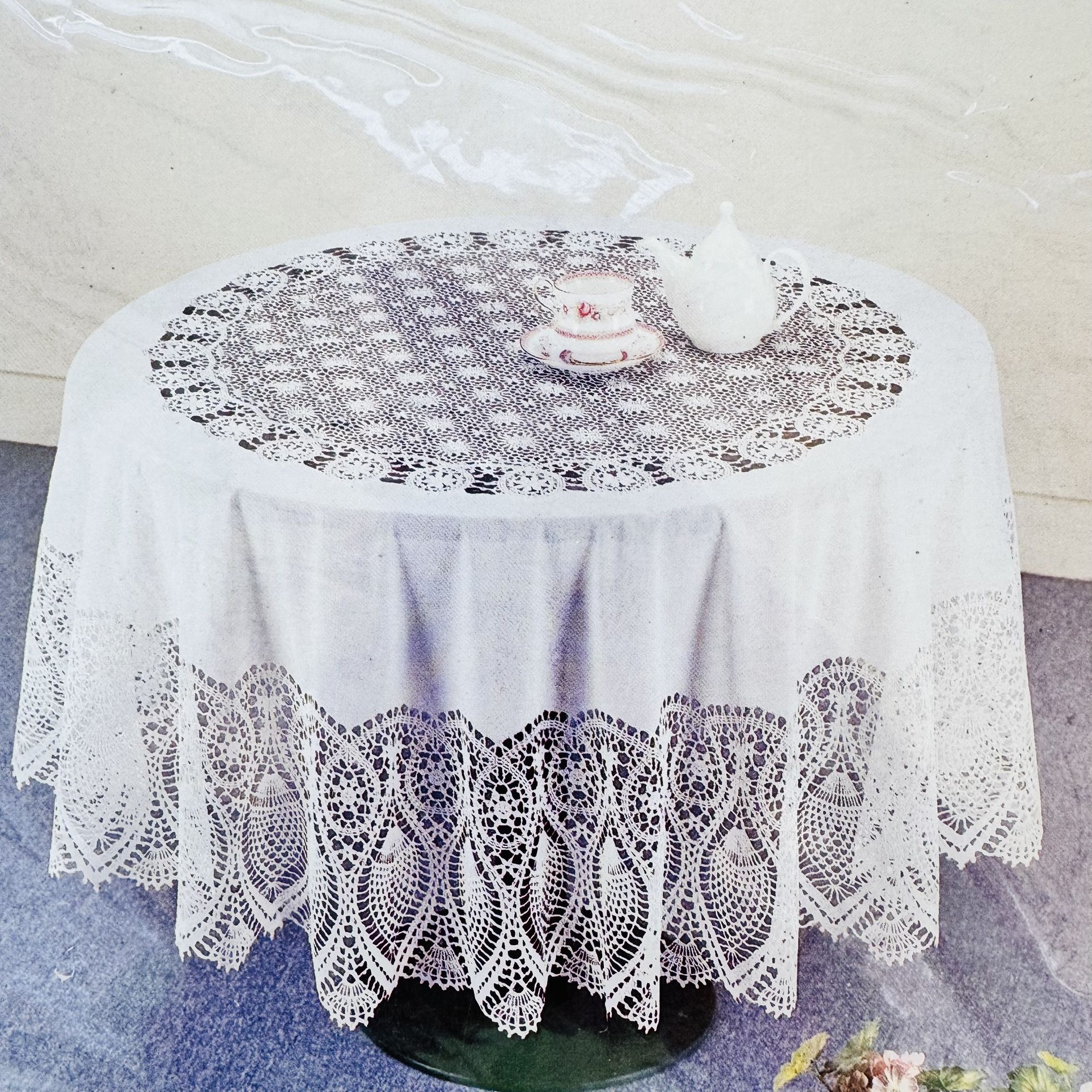 Vintage Bea At Home 70” Round Crochet Vinyl Lace Tablecloth White NOS Beatrice
