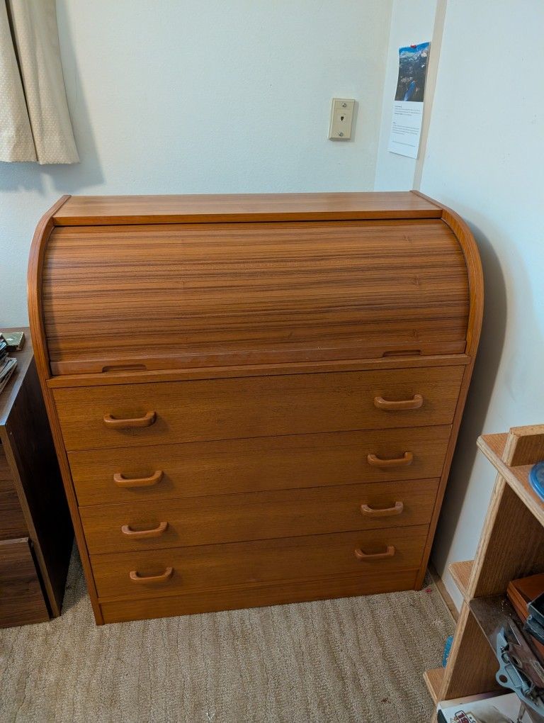 Mid Century Modern teak (veneer) tambour roll top secretary desk 