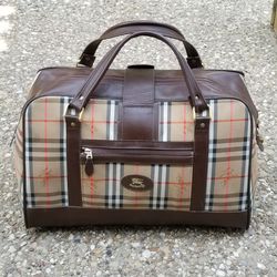 vintage Burberry Leather and canvas saddle duffle weekender travel Carryall bag