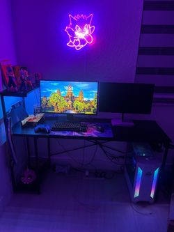 61 in. Rectangular Black Grained Gaming Desk with RGB LED Lights Computer Desk with 4 Tier Storage Shelves and Hook
