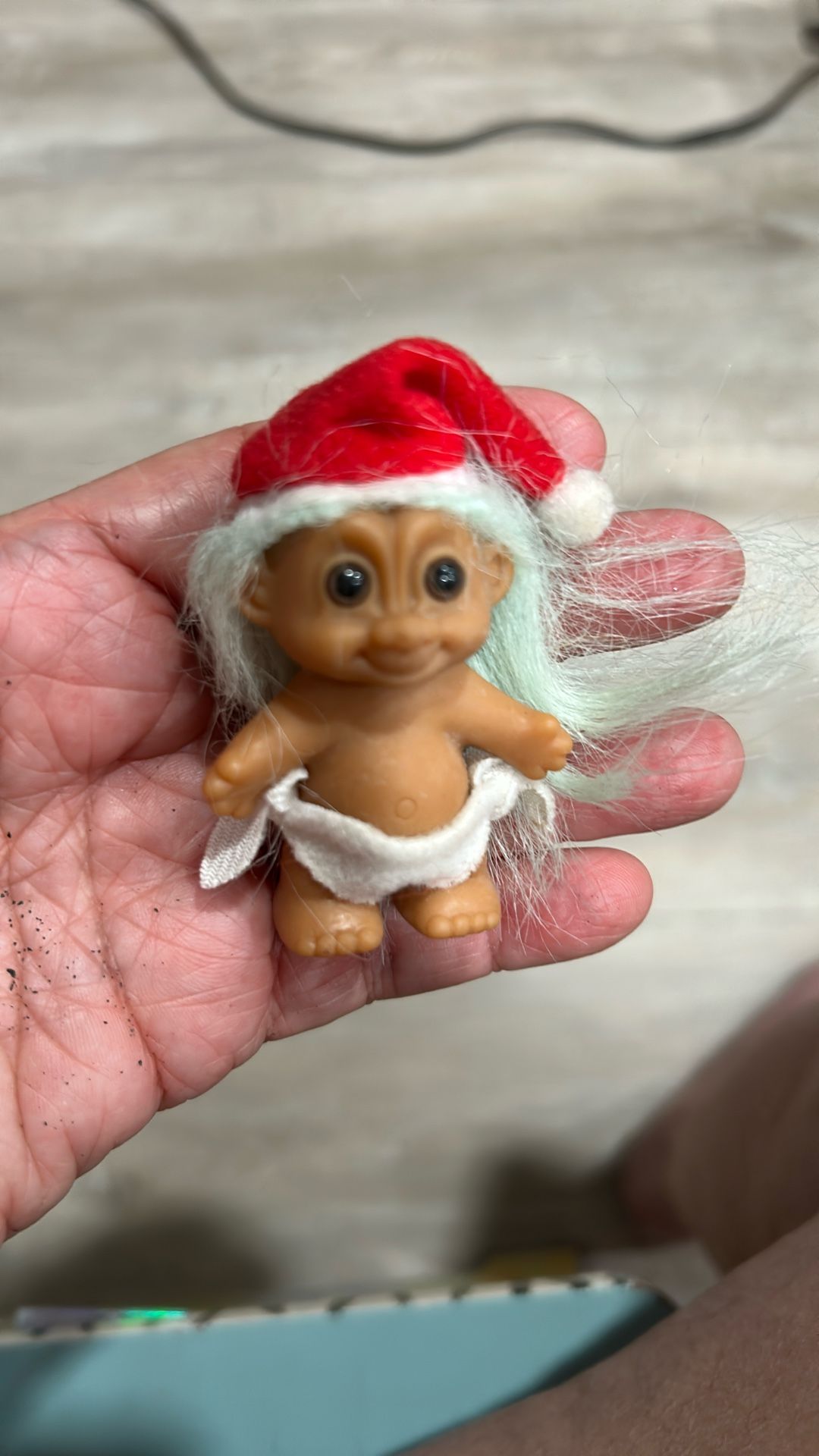 Vintage Russ Christmas 3” Baby Troll With Baby Diaper Santa Hat Light Blue Long Hair