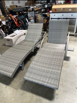 Assembled New Set of 2 Gray Outdoor Chaise Lounge Chairs, Wicker Patio Lounge Chairs with Adjustable