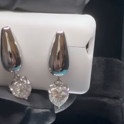 # 90-925 Sterling Silver Dangle Heart Moissanite Earrings - 2.0 Carats