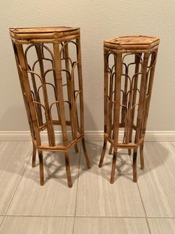 Pair of Vintage Nesting Bamboo Tiki Plant Stands Boho