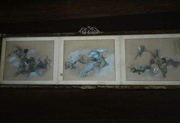 Triptych paintings of cherubs playing Virgilio Tojetti ( 1(contact info removed)).  11"×37"