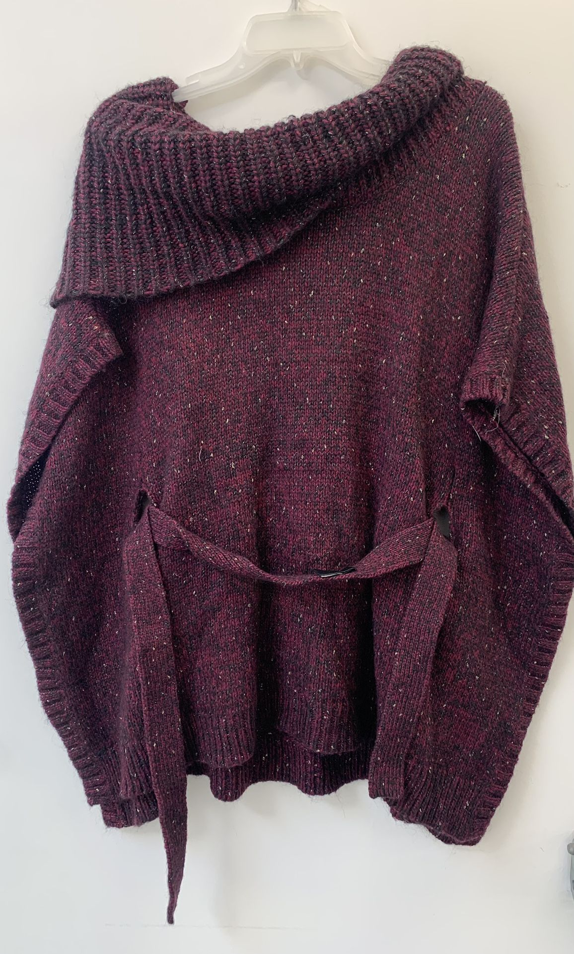 White House Black Market Metallic Belted Cowl Wool Poncho Burgundy Womens Medium