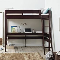 Twin Wood Loft Bed Frame with Safety Guard Rail and Under-Bed Desk.  Espresso Finish