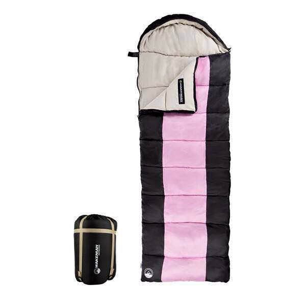 3-Season Envelope Style Sleeping Bag with Carrying Bag and Compression Straps in Pink