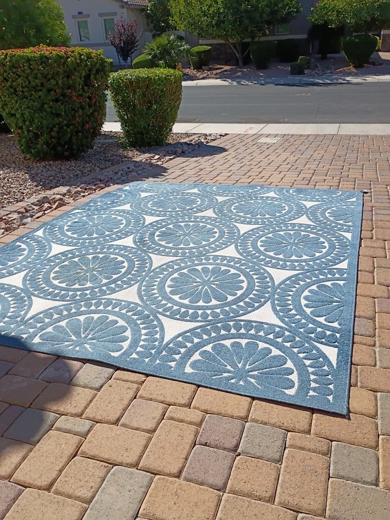 8x10 Indoor Outdoor Rug Blue Gray And White Cash Only Please