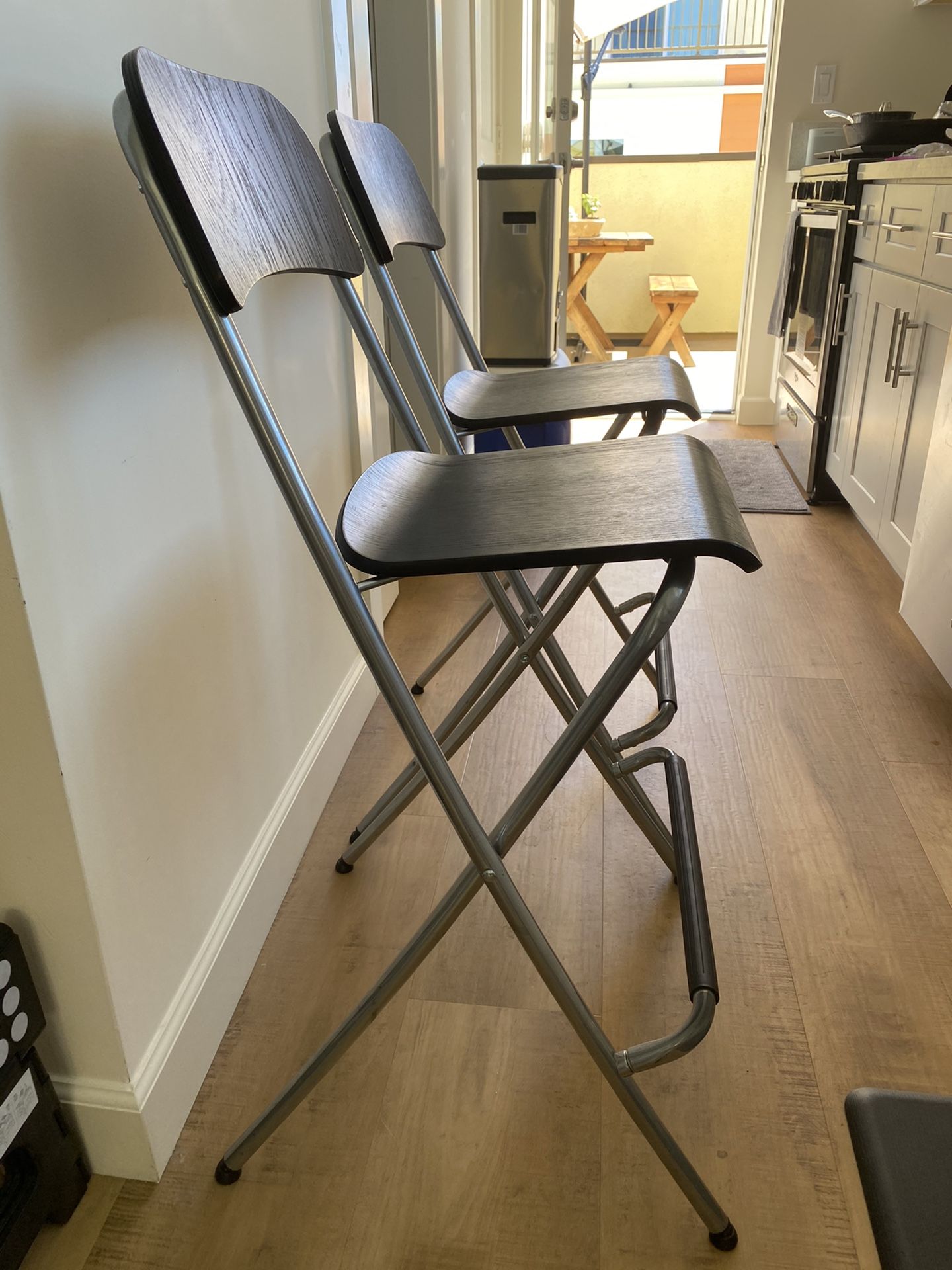 Pair of Black wood and metal Bar Folding Stools Chairs