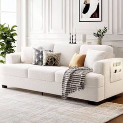 KKL Deep Seat Sofa 89 Inch with Throw Pillow, Modern Sofa, Couches for Living Room, Comfy Sofa, Sleeper Couch, Bouclé, Offwhite